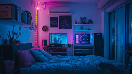 Cozy bedroom interior featuring a rumpled bed with soft pillows, dual glowing computer screens, a sleek gaming PC tower, and vibrant blue and pink LED ambient lighting.の素材