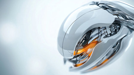 A complex, futuristic object with a glossy white exterior revealing intricate chrome mechanics, wiring, and a glowing, textured orange energy core.の素材