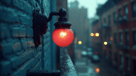 An illuminated, vibrant red spherical glass lamp shade, textured by glistening water droplets, firmly mounted on a dark, rustic metal bracket.の素材