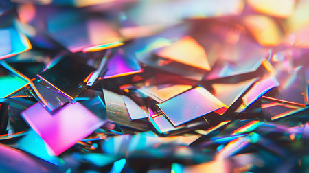 A pile of square confetti pieces with iridescent surfaces, reflecting rainbow colors and exhibiting holographic edges, creating a vibrant and textured effect.の素材
