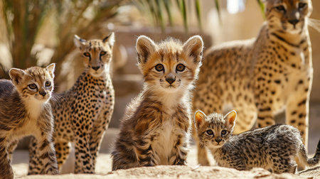 A group of sand cat kittens with soft, patterned fur, alert expressions, and small ears, standing together in a sandy environment.の素材