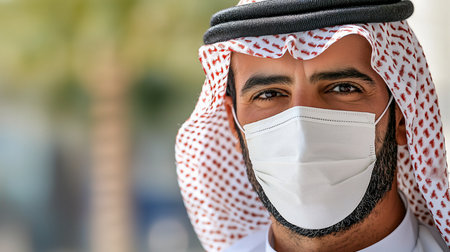 Close-up of a man wearing a white ghutra with red pattern and a white medical face mask, looking directly at the camera.の素材