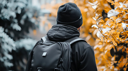 A person from behind, wearing a black ribbed beanie and a black hooded jacket, with a black backpack.の素材