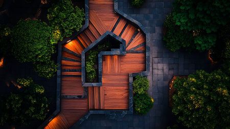 Winding garden path of rich reddish-brown wooden planks, bordered by dark textured stone. Embedded warm lights illuminate the path and surrounding green foliage.の素材