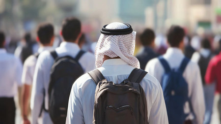 A man wearing a white thobe and ghutra with a black agal, carrying a grey backpack, walks among a blurred crowd of people.の素材