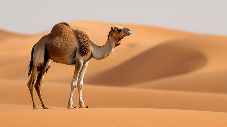 A solitary dromedary camel with a prominent hump stands on rippled sand, its fur textured and its gaze directed forward.の素材