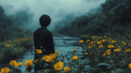 A person with dark, slightly wet, curly hair, seen from the back. They are wearing a simple, dark-colored, long-sleeved shirt and standing still in a contemplative pose.の素材