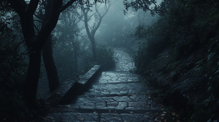 A stone path with steps winds through a dark, misty forest, surrounded by trees and foliage. The stones are wet and reflect the dim light.の素材