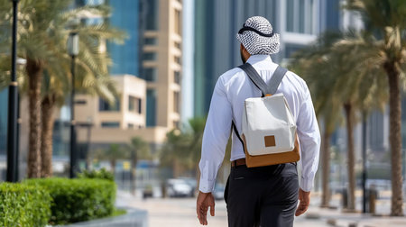 A man, viewed from the back, wearing a traditional headdress and white shirt, carrying a white and brown backpack.の素材