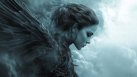 A pensive woman in profile with large, dark feathered wings and an intricate braided hairstyle. She wears a textured, dark garment and a single earring.の素材