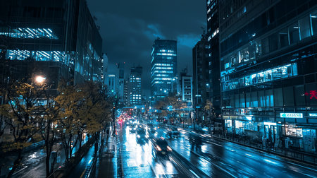A vibrant, rain-slicked city street at night, illuminated by glowing neon signs and the headlights of moving vehicles.の素材
