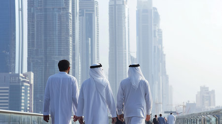 From behind, three men in traditional white long-sleeved robes walk together. Two wear white ghutras with black agals, while the third has short dark hair.の素材