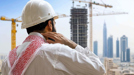Rear view of a man wearing a white hard hat, striped shirt, and red patterned keffiyeh. His right hand rests on his neck.の素材