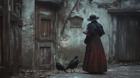 Person in wide-brimmed hat, feathered cape, and flowing textured red skirt, holding a small red book, standing near two black crows.の素材