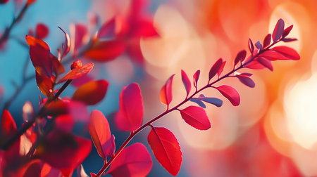 A slender plant branch adorned with small, smooth, oval-shaped leaves in vivid shades of red and magenta, glowing softly.の素材