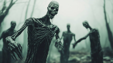 A horrifying, skeletal zombie with desiccated, vine-like skin, an open jaw, and a menacing, lurching posture.の素材