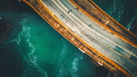 Concrete bridge with cracks and yellow lane markings, featuring weathered brown edges, spanning over turquoise water with visible currents and ripples.の素材