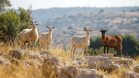 A group of four goats, three white and one brown, stand on a rocky, dry landscape, looking towards the viewer.の素材