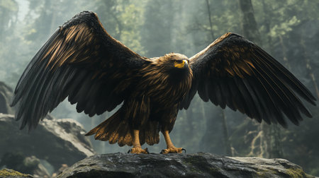 Golden eagle with brown and black plumage, yellow eyes, and powerful talons, wings spread wide, standing on a mossy rock.の素材