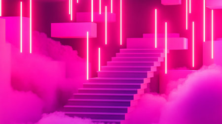 A pink staircase ascends, illuminated by neon lights, amidst a stylized cloudscape. The steps are solid, with a gradient of pink hues.の素材