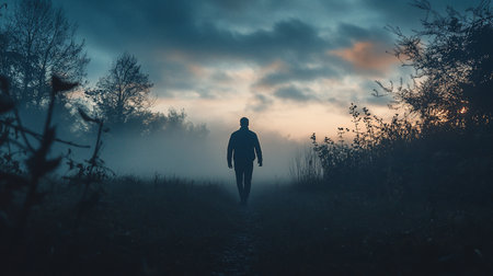 A dark silhouette of a man walking away on a path, wearing a jacket and pants, surrounded by fog and trees.の素材