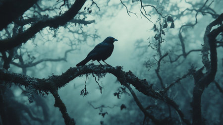 A black crow with sleek, dark feathers and a sharp beak. Its body is compact, displaying a watchful and alert stance.の素材
