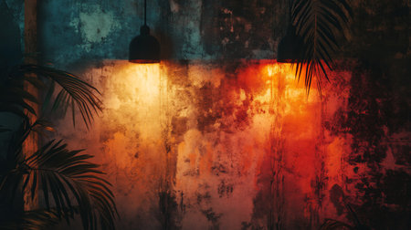 A textured wall with a rough, distressed surface is illuminated by warm, orange and yellow light, with palm fronds.の素材