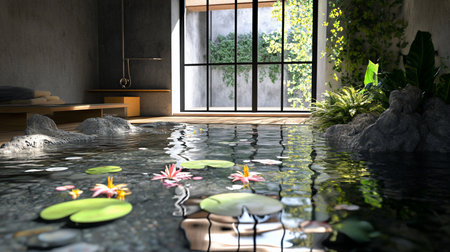 A tranquil indoor water feature with lily pads, pink lotus flowers, and reflective water surface. The water is surrounded by rocks.の素材