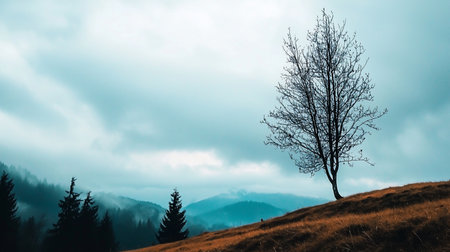 A solitary, dark-barked deciduous tree with intricate bare branches stands firmly on a textured, dry, golden-brown grassy hill.の素材