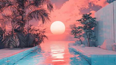 A serene scene featuring a pool reflecting the sunset's colors. Palm trees and other vegetation frame the water. The sky is filled with clouds.の素材