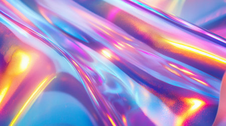 A close-up view of a flowing, iridescent fabric with a smooth, reflective surface that displays a spectrum of vibrant colors and highlights.の素材