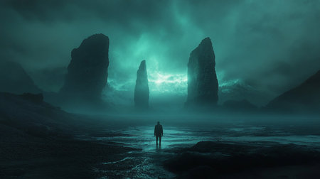 A lone figure, a man, stands in dark, shallow water, seen from behind. He wears a dark coat and trousers, standing still, facing forward.の素材