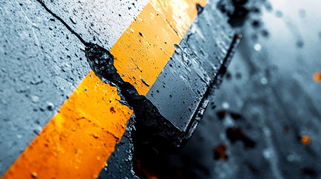 Rough, granular grey pavement with a prominent, vibrant yellow stripe bisected by a jagged, dark fissure. Textured surface details.の素材