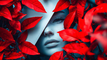 A close-up of a woman's face, partially obscured by vivid red leaves, showcasing her eye and lips with a cool, blue-toned skin.の素材