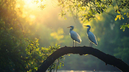 A pair of slender white egrets, featuring long necks and black legs, stand gracefully on a thick, curved, dark branch.の素材
