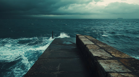 A moody, cinematic view of a rough, dark teal sea with white foam waves splashing against a wet, textured stone and concrete pier under a heavy, overcast sky.の素材