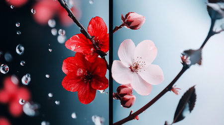 A split-screen composition showing wet, vibrant red flowers with water drops on the left, and a delicate, soft pink blossom and bud on a branch on the right.の素材