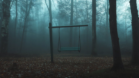 A wooden swing hangs suspended from a metal frame, with chains. The swing is empty, set in a misty, atmospheric forest.の素材