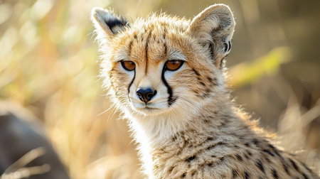 A young cheetah cub with fluffy, spotted fur and intense amber eyes. The portrait is backlit, highlighting its fur and distinctive black tear marks running from its eyes.の素材