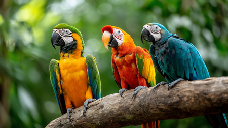 Three colorful macaws perched on a wooden branch. The birds display vibrant plumage of yellow, orange, red, and blue. They have distinctive beaks and are facing different directions.の素材