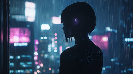 A person in silhouette gazes out at a rainy neon city, wearing a glowing earbud.の素材