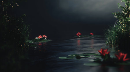 Delicate red water lilies with green pads float on dark, rippling water, surrounded by lush green foliage and grass.の素材
