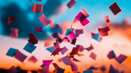 Colorful paper confetti pieces are scattered and falling, creating a festive and celebratory atmosphere against a blurred, warm-toned sky.の素材