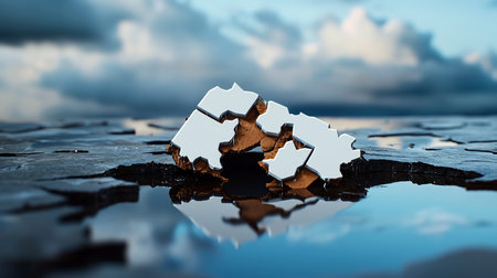 A fragmented metallic structure with a shiny, reflective surface, revealing a rough, brown interior. The object is resting on a wet, textured surface.の素材