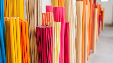 Tightly packed bundles of thin, smooth wooden sticks dyed in a vibrant spectrum of red, pink, orange, yellow, blue, and natural beige, standing vertically.の素材
