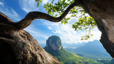 A stunning high-angle vista of a lush green jungle valley and limestone mountains under a blue sky with wispy clouds, framed by a textured tree trunk and leafy branch.の素材
