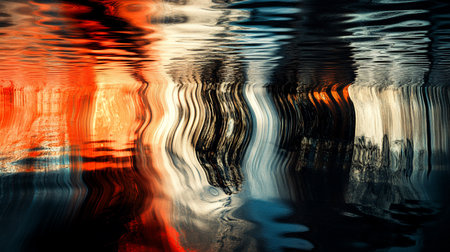 Wavy, distorted reflections of warm orange and cool blue light create a dynamic, abstract pattern on a dark, moving liquid surface.の素材