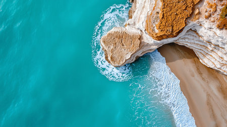 Top-down view of a layered cliff formation meeting a sandy beach and turquoise ocean, with foamy waves crashing against the rocks.の素材