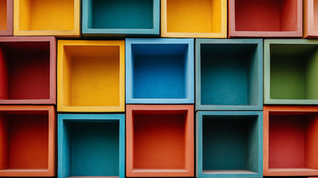 A geometric grid of empty, square-shaped cubbies painted in vibrant, matte colors. The surface has a rough, concrete-like texture, creating depth and shadow within each niche.の素材