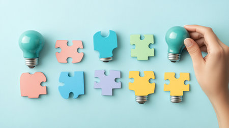Lightbulb-shaped puzzle pieces in various colors, with a hand holding one, representing ideas and solutions.の素材